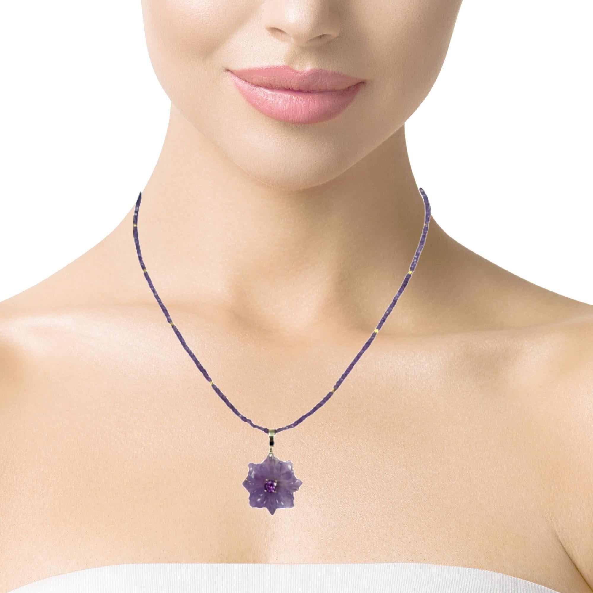 Hand Carved Amethyst Flower Pendant and Bead Necklace with Yellow Gold Accents In New Condition For Sale In Los Angeles, CA