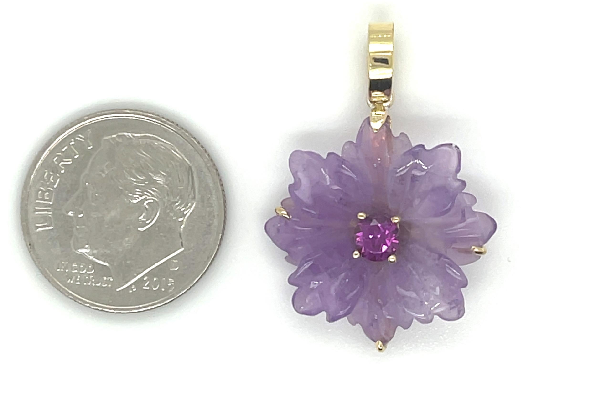 Artisan Hand Carved Amethyst Flower Pendant and Bead Necklace with Yellow Gold Accents For Sale