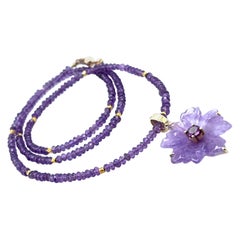 Hand Carved Amethyst Flower Pendant and Bead Necklace with Yellow Gold Accents