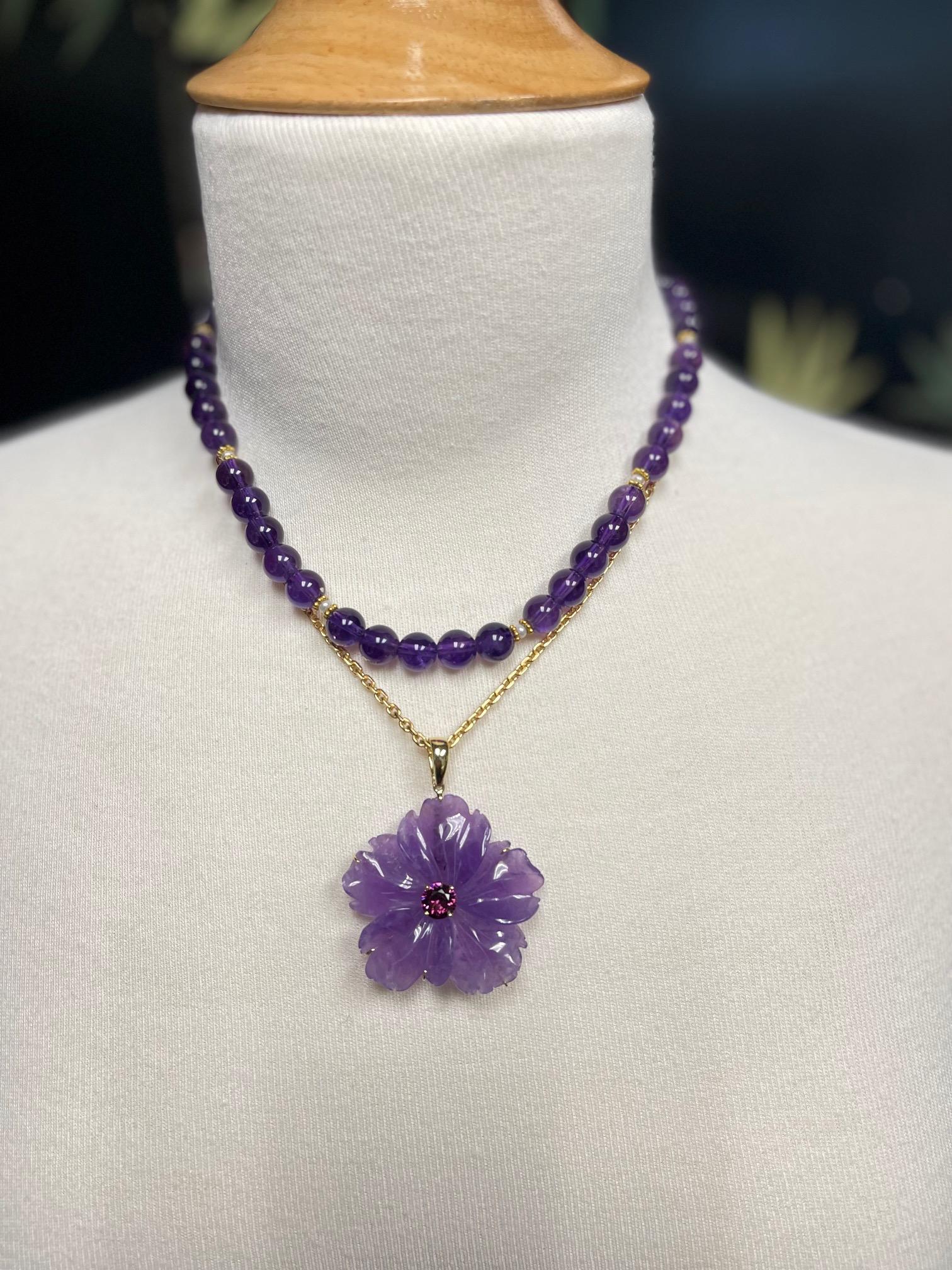 Hand Carved Amethyst Flower & Rhodolite Garnet Pendant Necklace in Yellow Gold 4