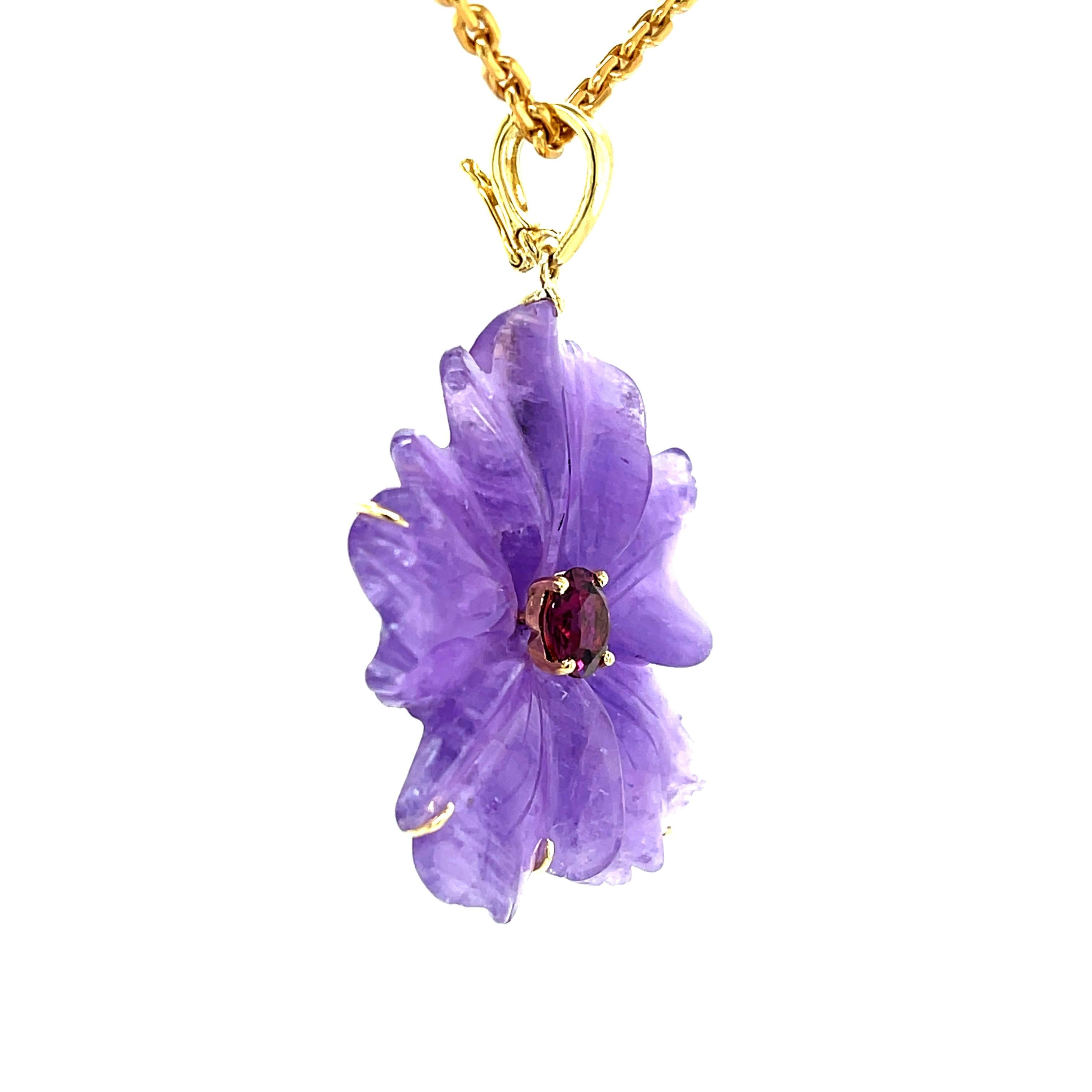 Mixed Cut Hand Carved Amethyst Flower & Rhodolite Garnet Pendant Necklace in Yellow Gold