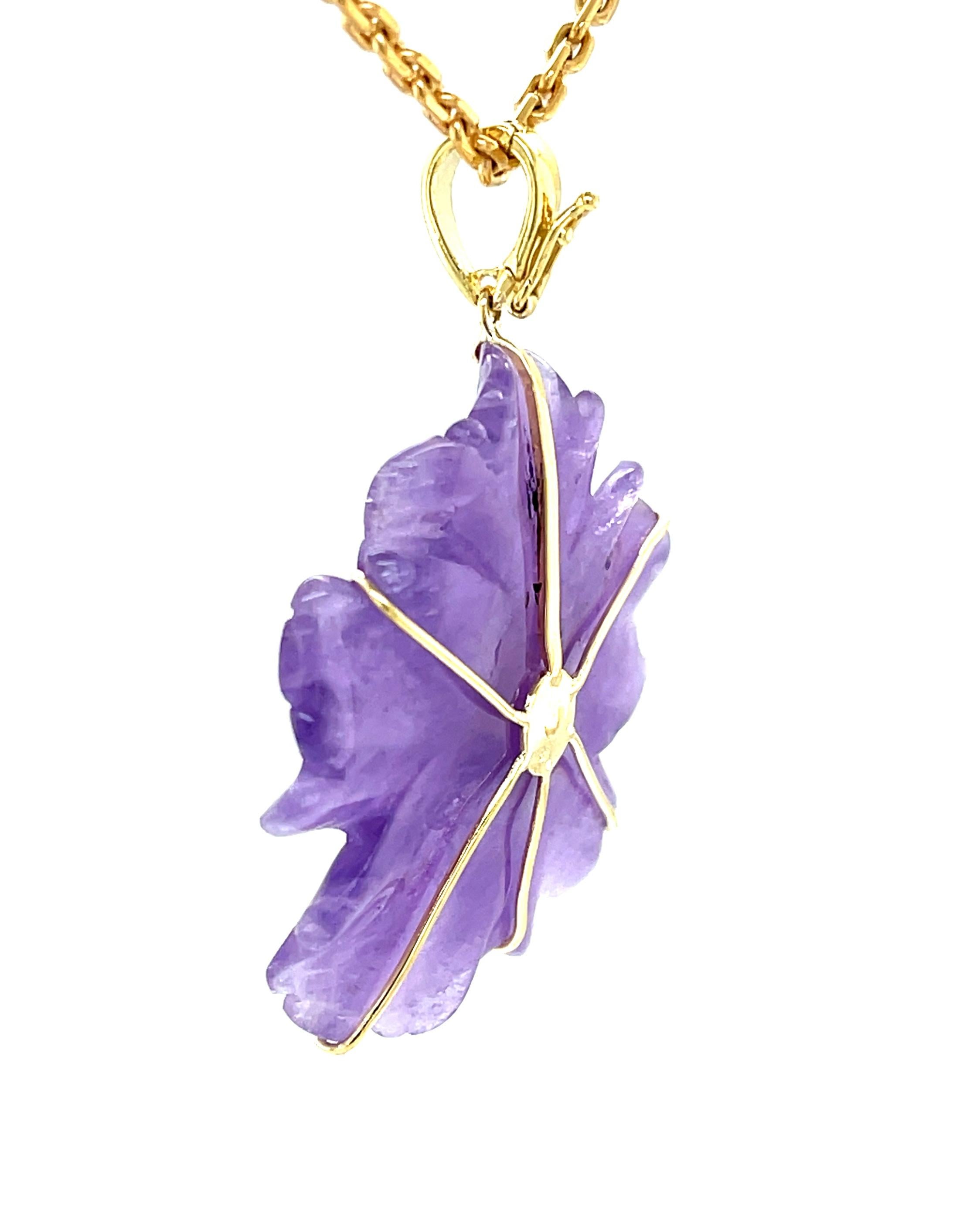 Women's or Men's Hand Carved Amethyst Flower & Rhodolite Garnet Pendant Necklace in Yellow Gold