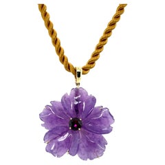 Hand Carved Amethyst Flower & Rhodolite Garnet Pendant Necklace in Yellow Gold