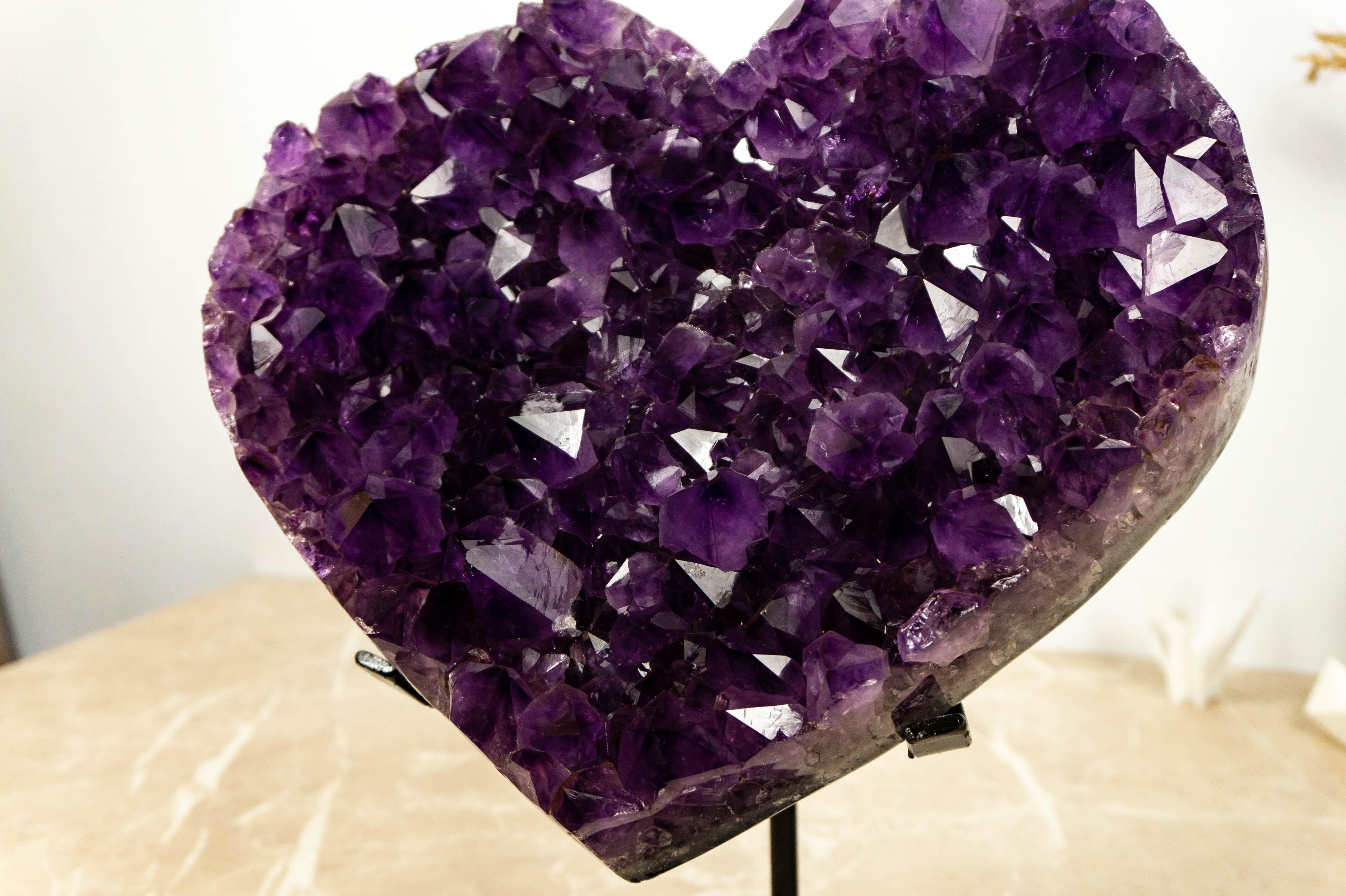 Contemporary Hand-carved Amethyst Heart featuring Large AAA Deep Purple Amethyst Druzy For Sale