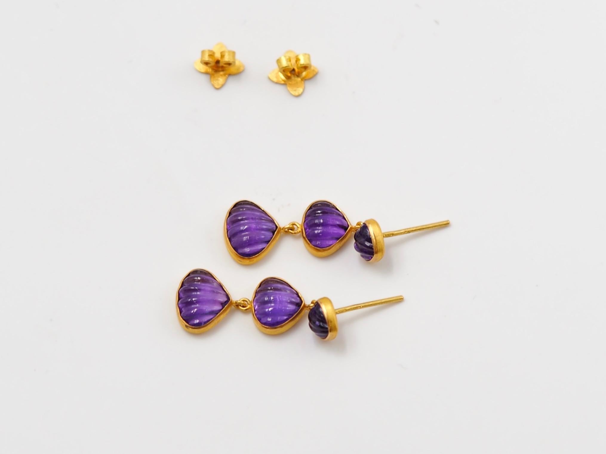 Women's Hand Carved Amethyst Shell 22 Karat Gold Push Earrings For Sale