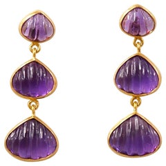 Hand Carved Amethyst Shell 22 Karat Gold Push Earrings