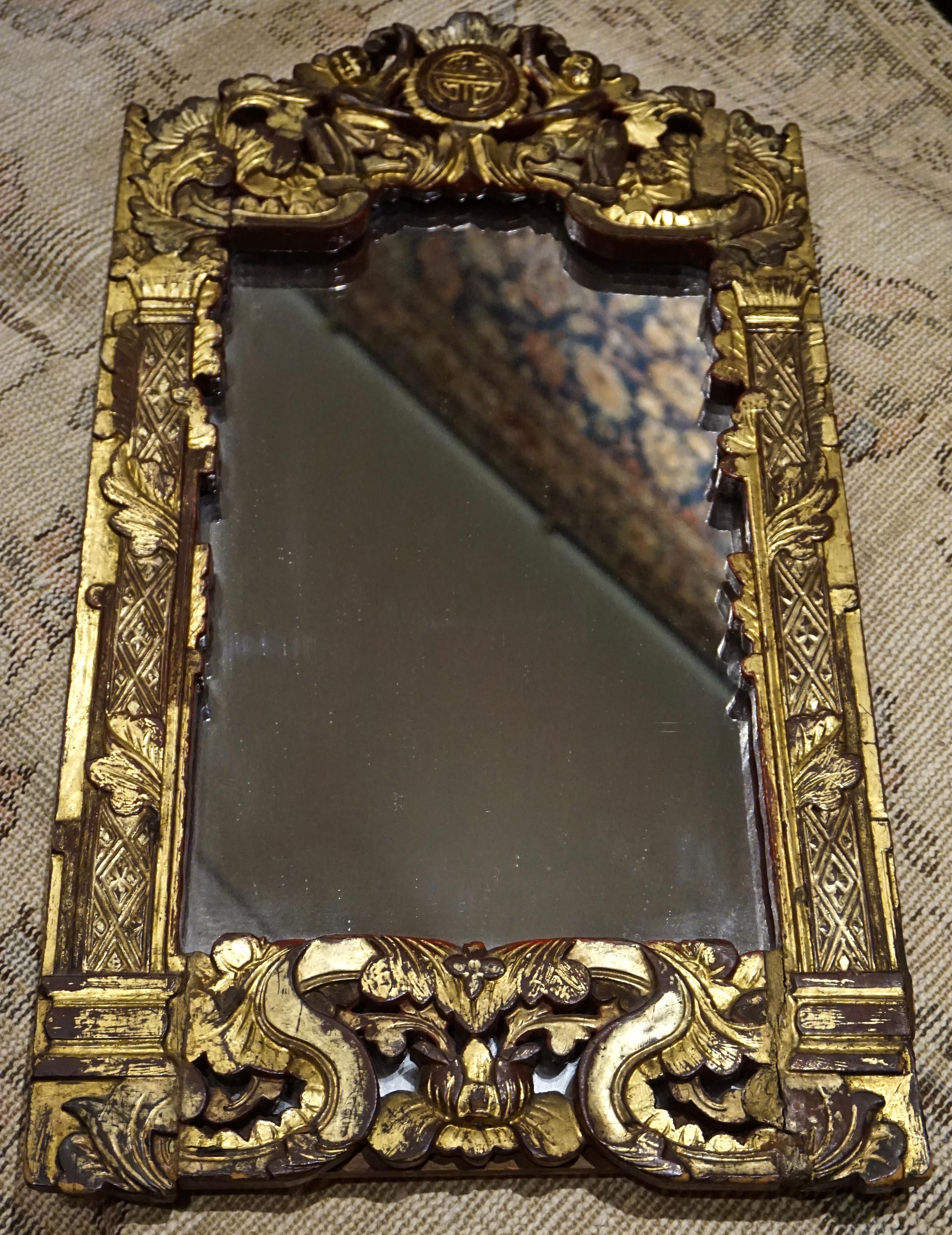 Other Hand Carved and Gilded Chinese Mirror For Sale