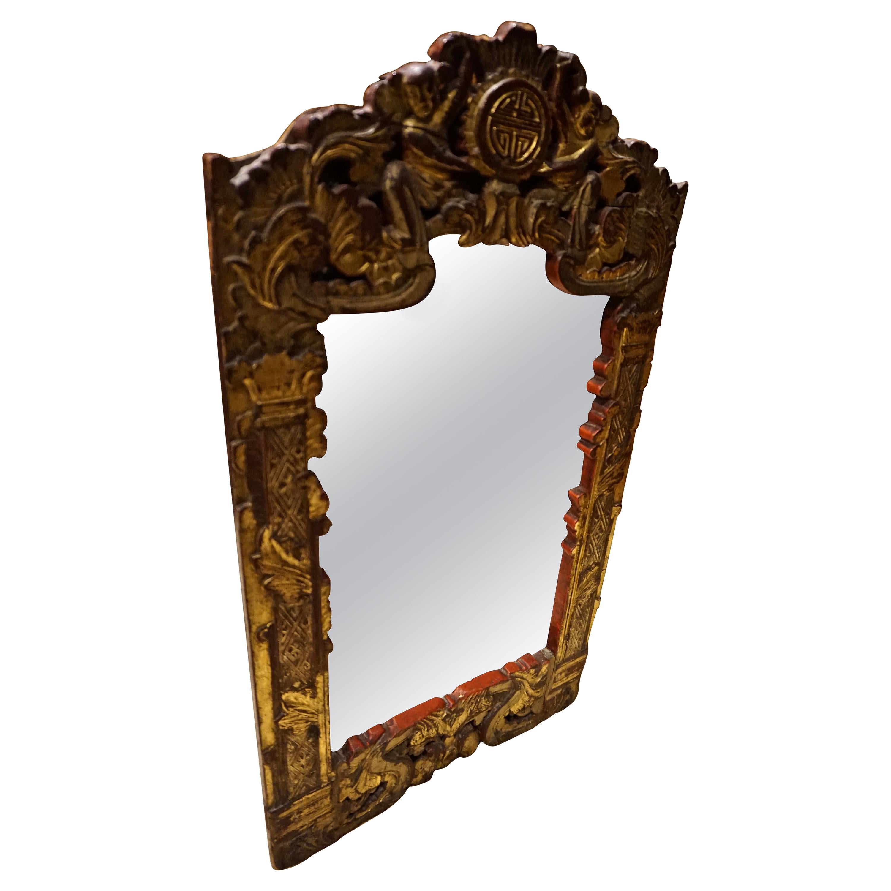 Hand Carved and Gilded Chinese Mirror For Sale