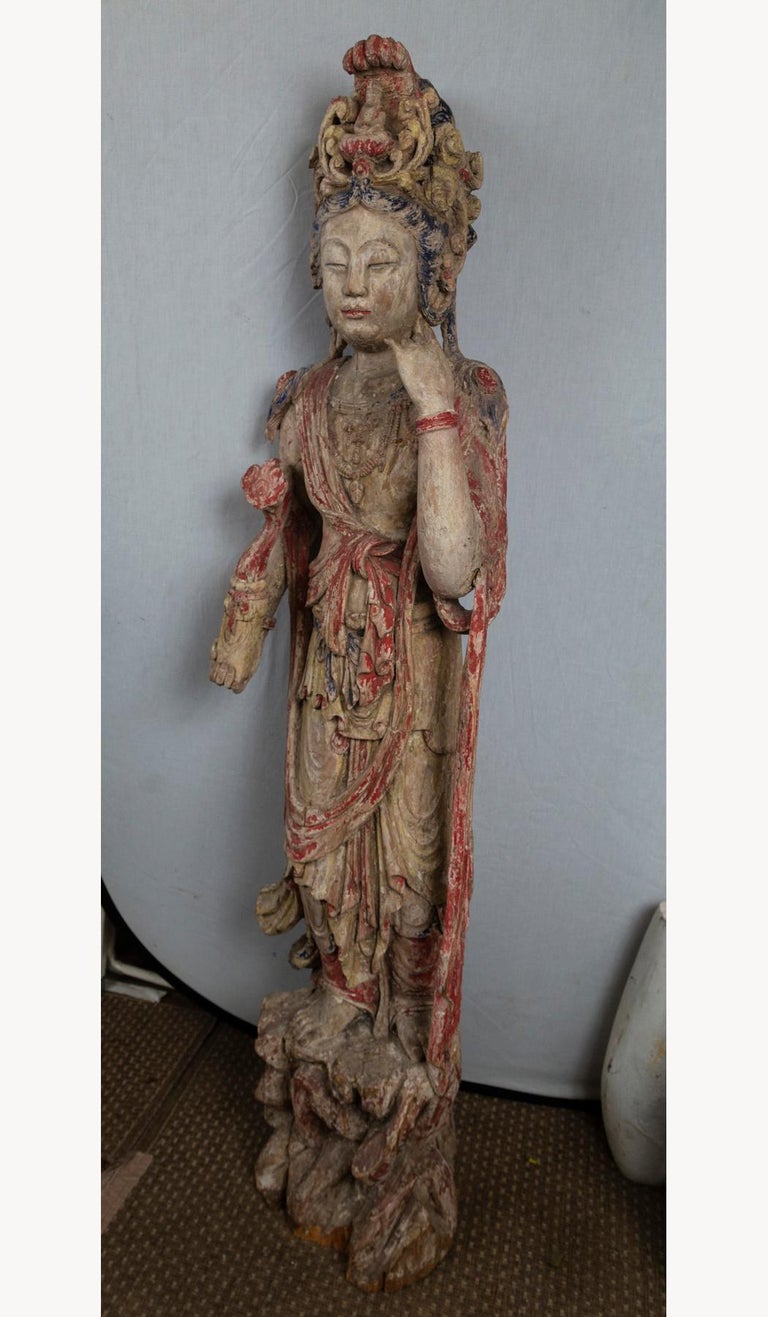 Hand Carved and Hand Painted Standing Figure of K'wan Yin For Sale 6
