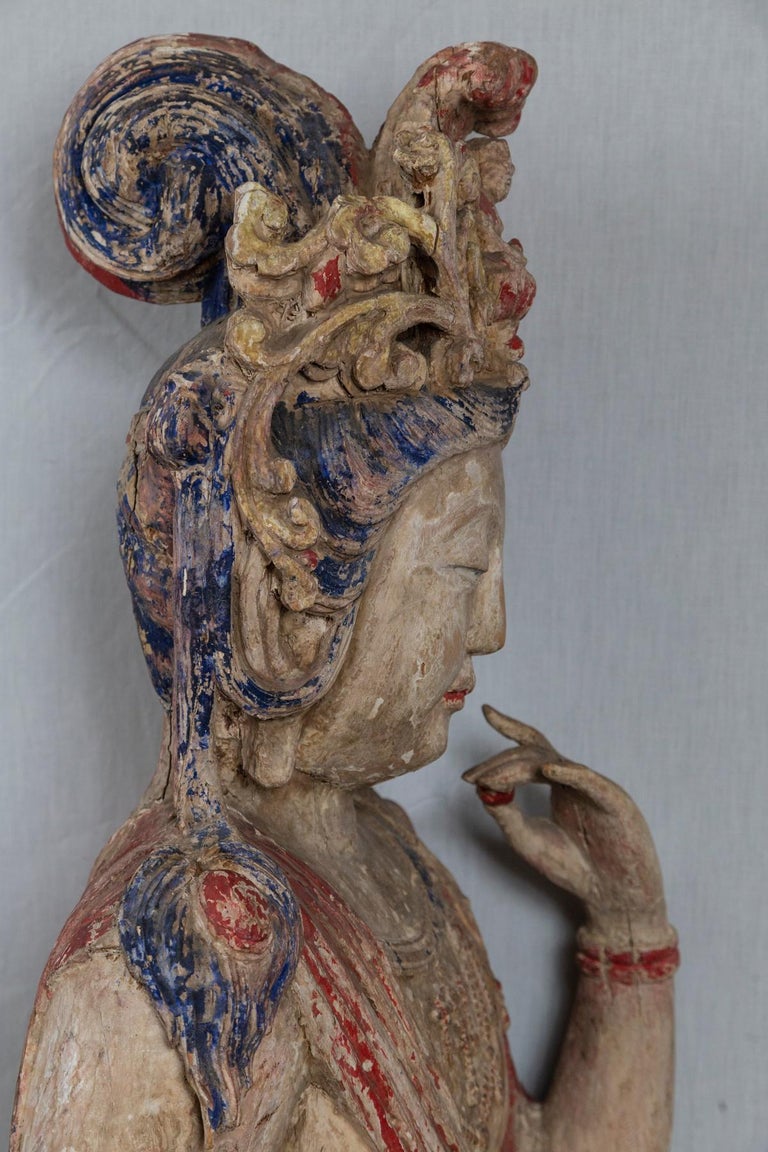 Hand Carved and Hand Painted Standing Figure of K'wan Yin In Fair Condition For Sale In Woodbury, CT
