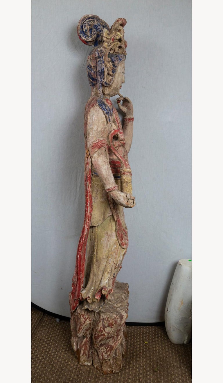 19th Century Hand Carved and Hand Painted Standing Figure of K'wan Yin For Sale