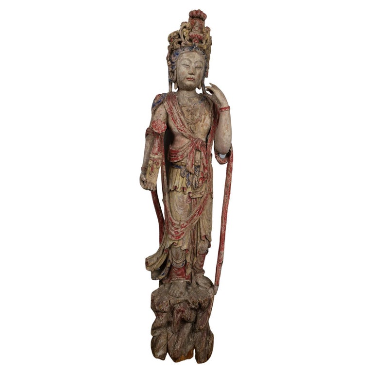 Hand Carved and Hand Painted Standing Figure of K'wan Yin For Sale