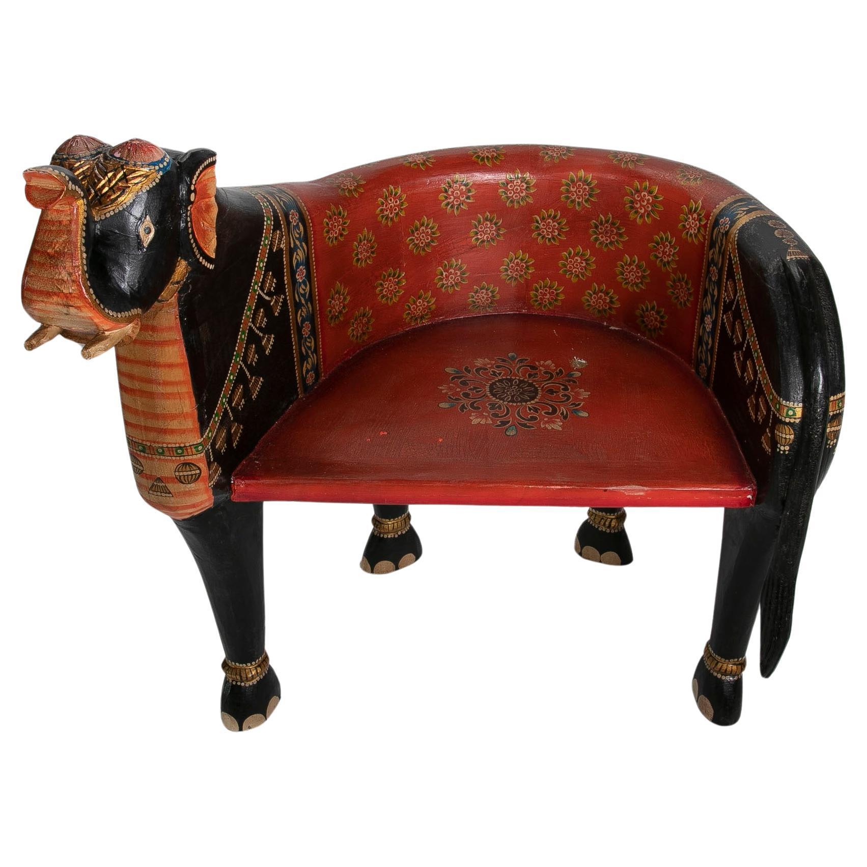 Indian Hand-Carved and Hand-Painted Wooden Elephant Armchair For Sale