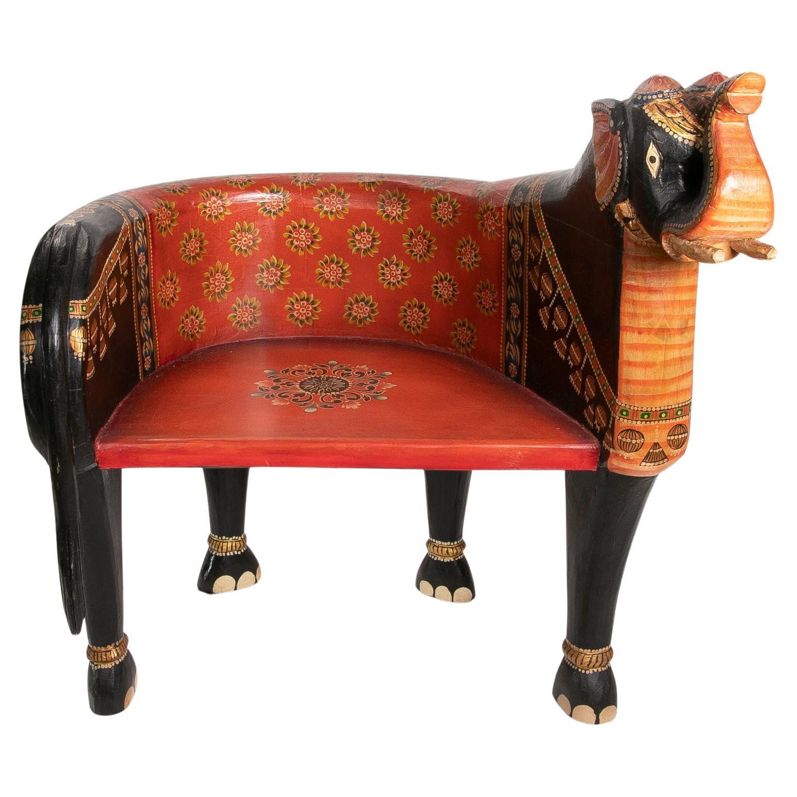 Hand-Carved and Hand-Painted Wooden Elephant Armchair For Sale