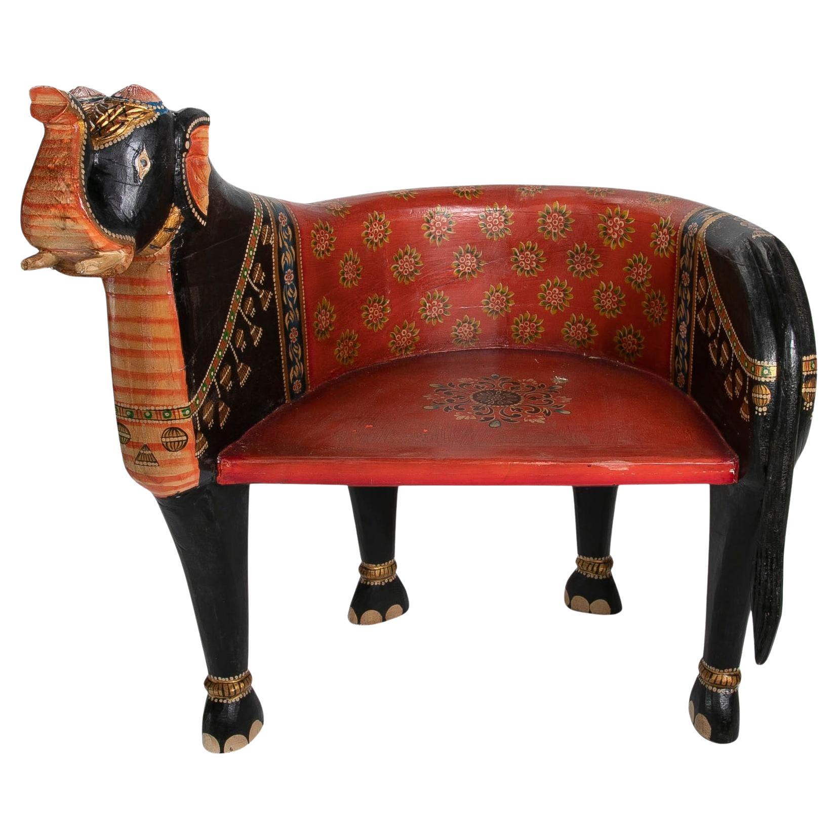 Hand-Carved and Hand-Painted Wooden Elephant Armchair