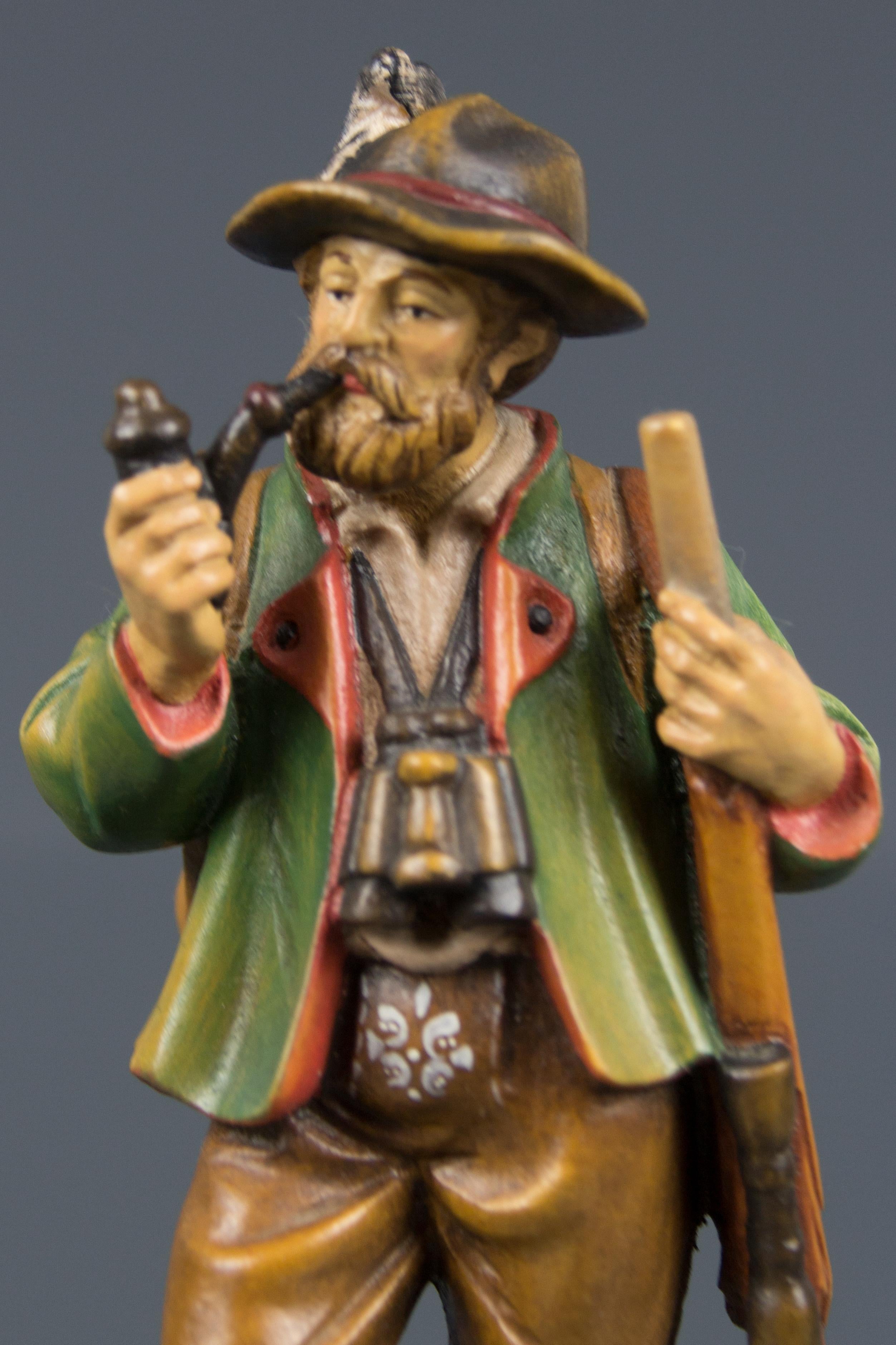 Hand Carved and Hand Painted Wooden Sculpture of a Hunter with Dog For Sale 3