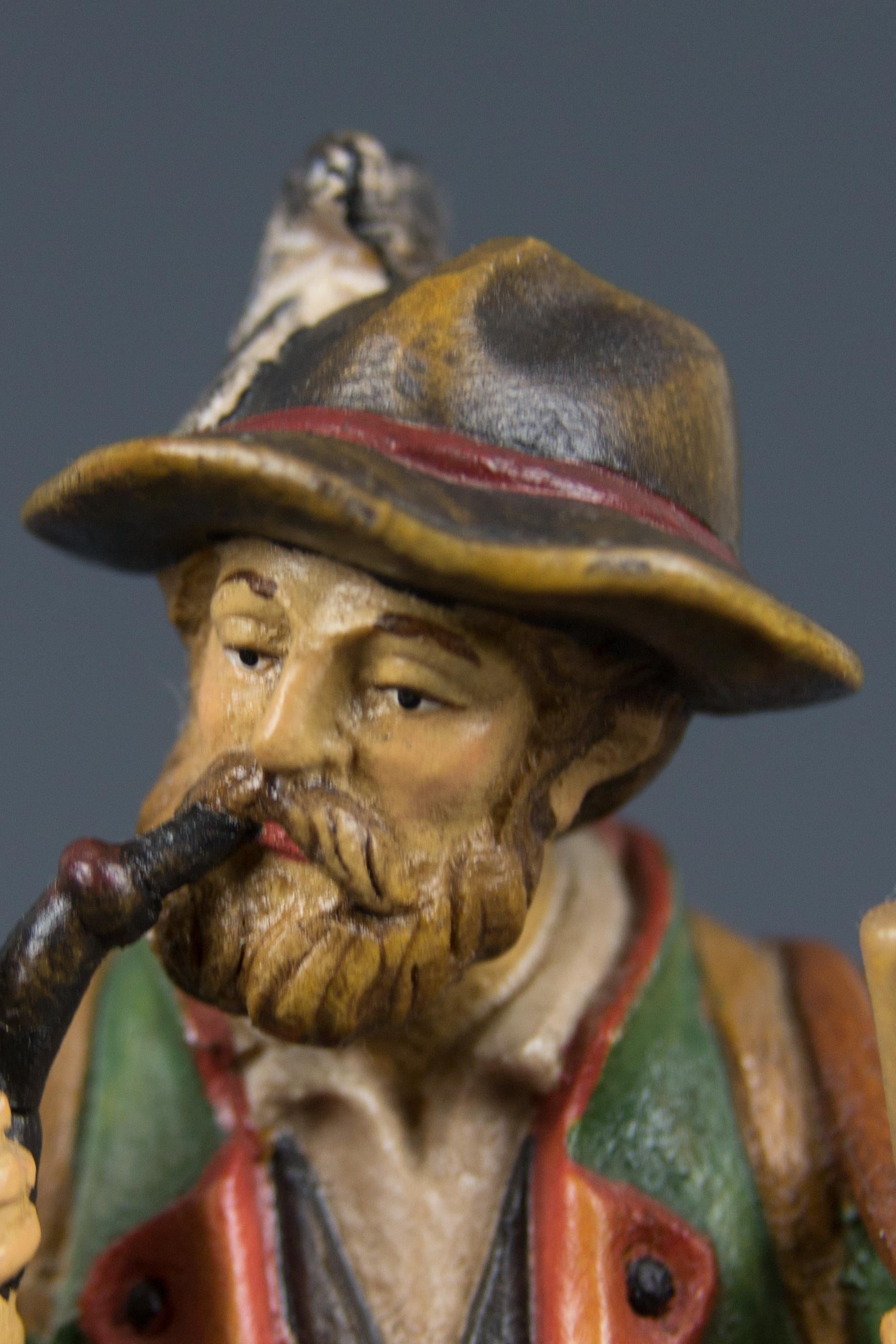 Hand Carved and Hand Painted Wooden Sculpture of a Hunter with Dog For Sale 4