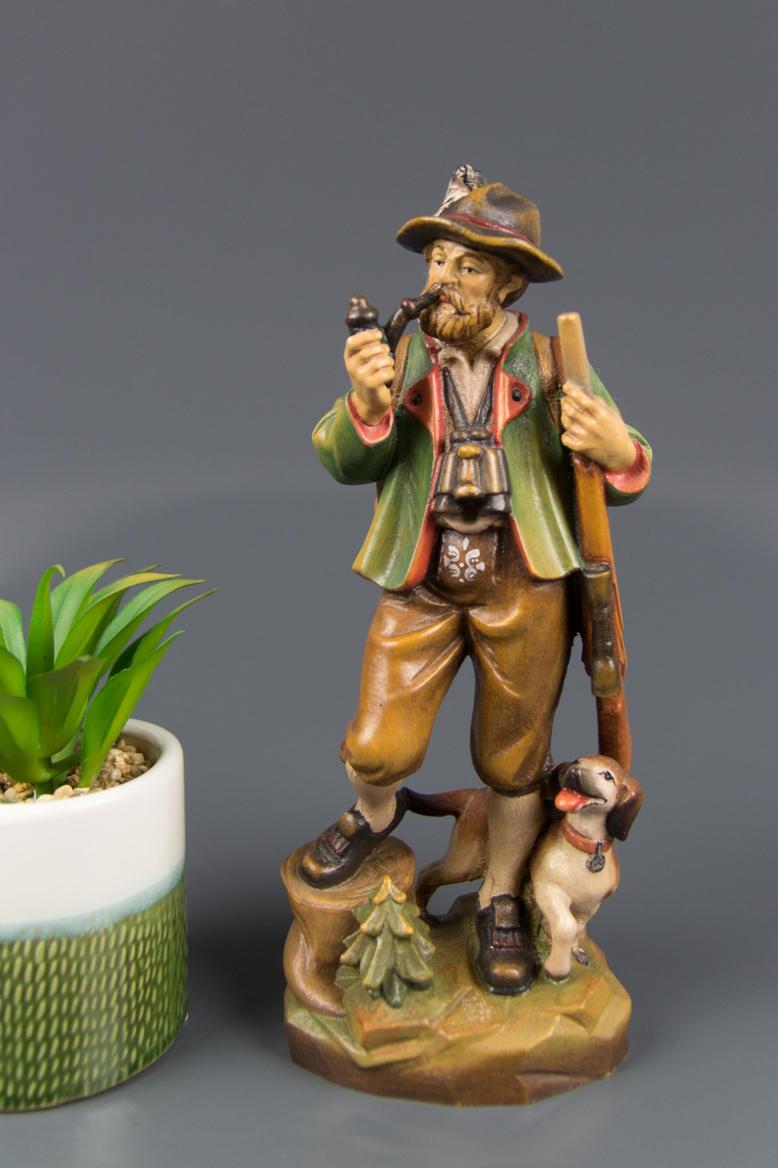 Hand Carved and Hand Painted Wooden Sculpture of a Hunter with Dog For Sale 2