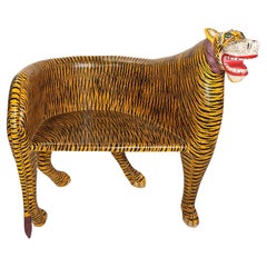 Hand-Carved and Hand-Painted Wooden Tiger Armchairs