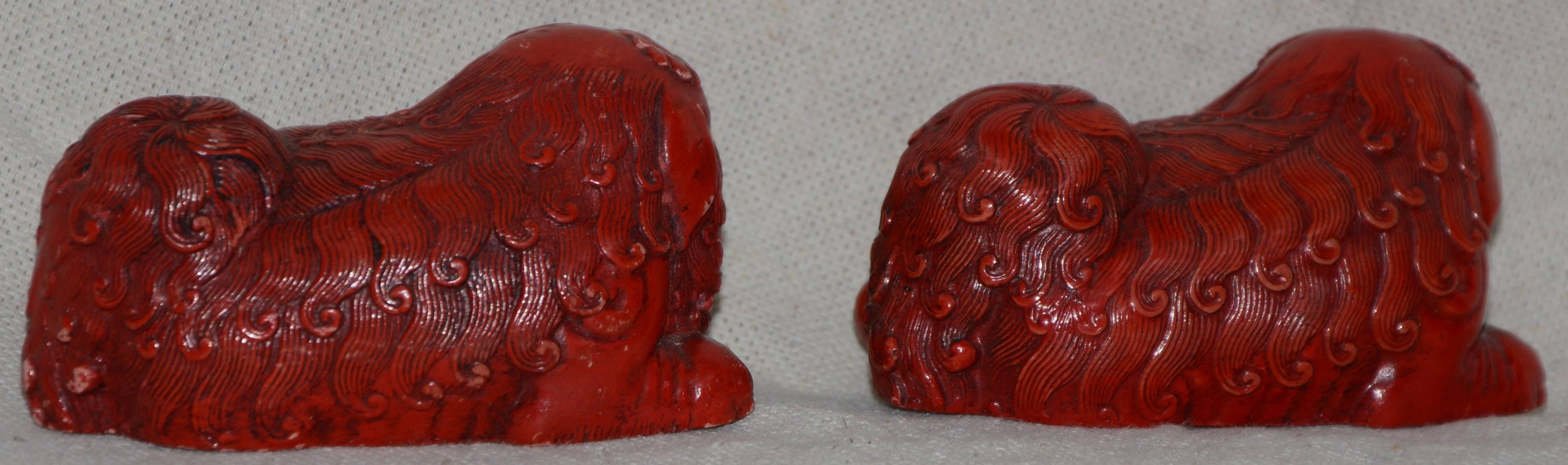 Chinese Hand-Carved and Lacquered Pair of Cinnabar Asian Foo Dogs