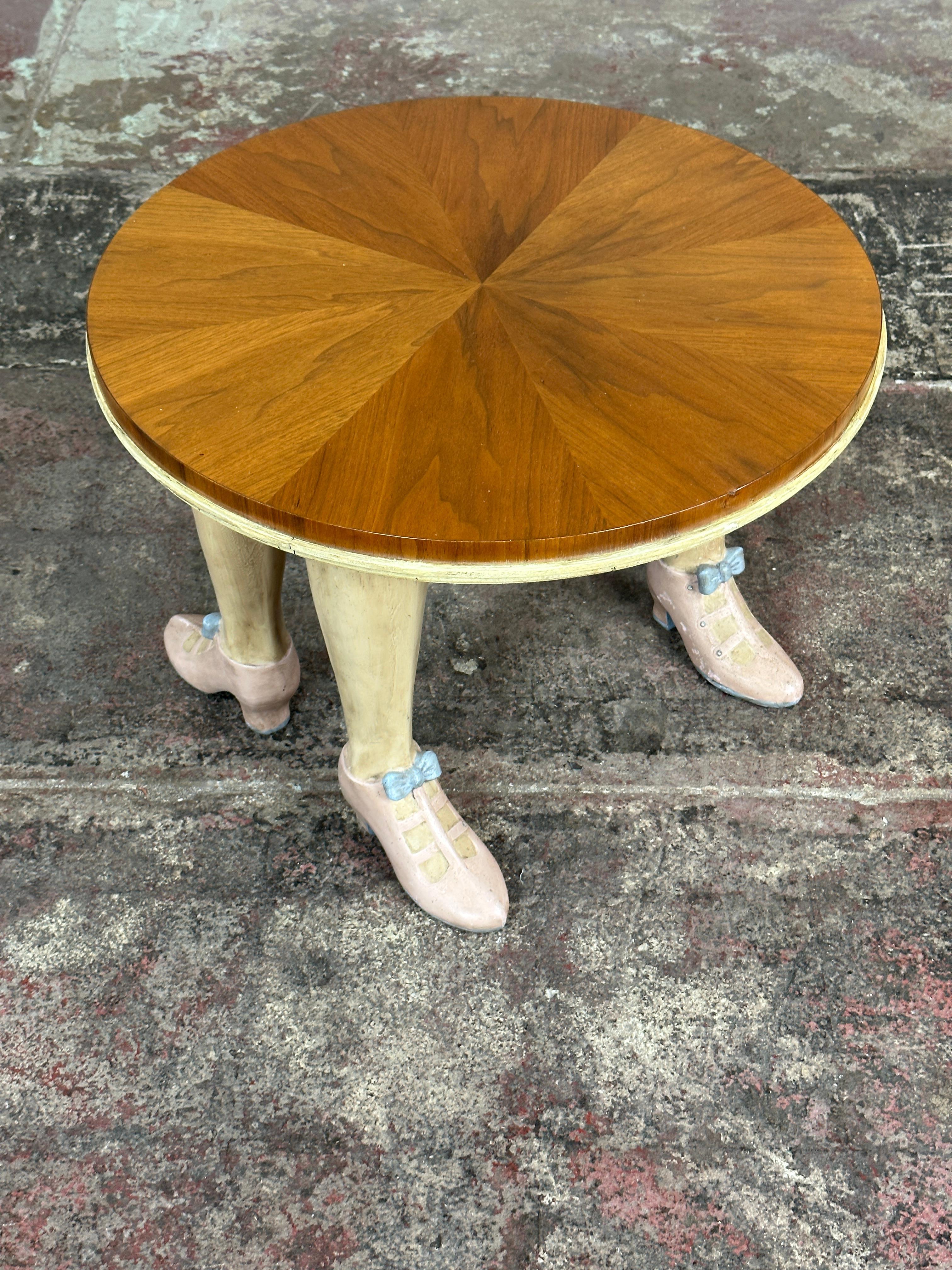 American Hand Carved and Painted Folk Art Accent Wood Coffee Table with Pink Shoes
