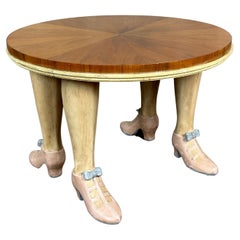 Vintage Hand Carved and Painted Folk Art Accent Wood Coffee Table with Pink Shoes