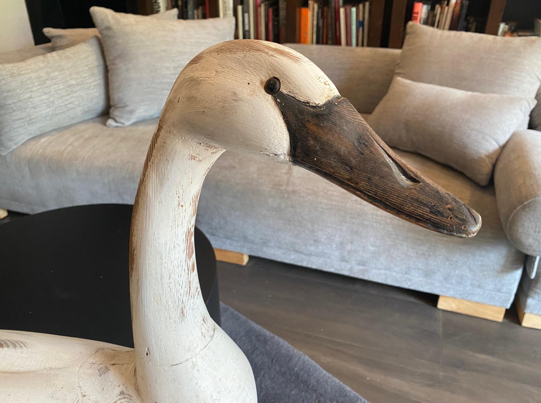 Folk Art Hand Carved and Painted Large Vintage Antique Wood Swan Decoy Sculpture