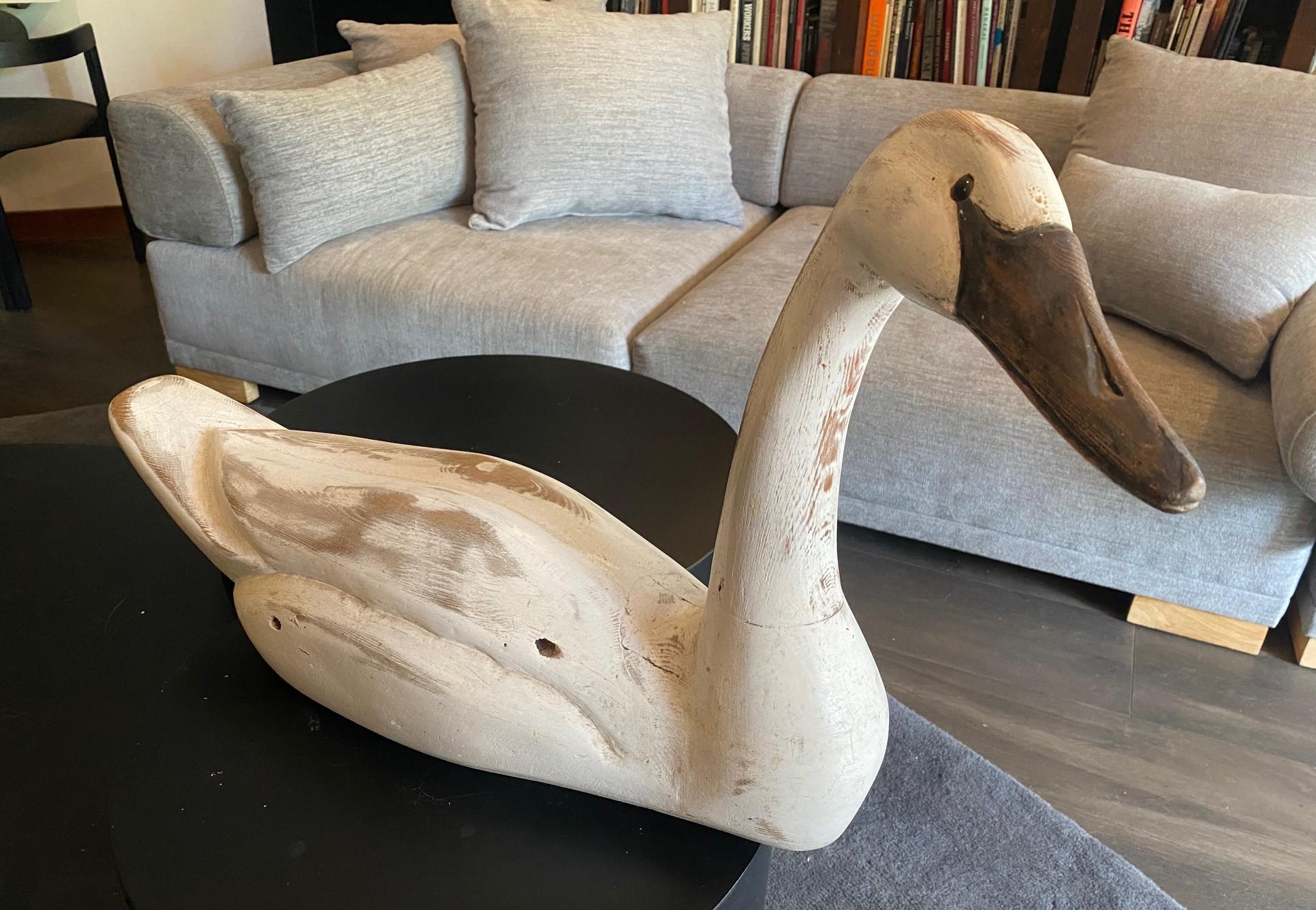 American Hand Carved and Painted Large Vintage Antique Wood Swan Decoy Sculpture