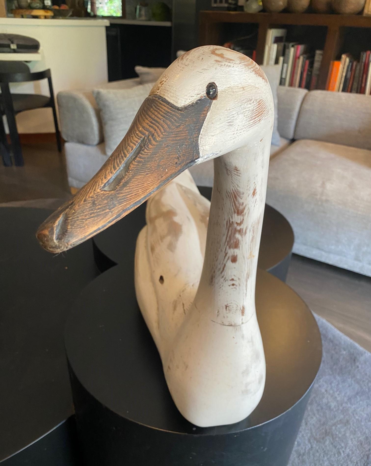 Hand-Carved Hand Carved and Painted Large Vintage Antique Wood Swan Decoy Sculpture