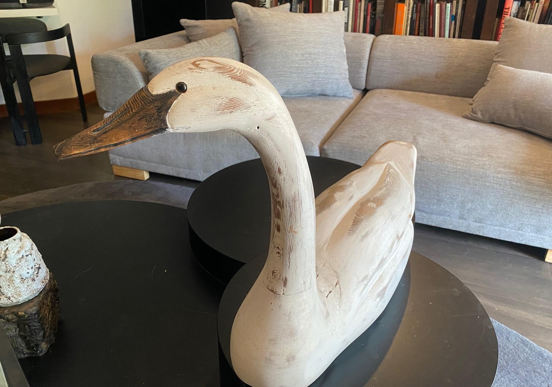 Hand Carved and Painted Large Vintage Antique Wood Swan Decoy Sculpture In Good Condition In Studio City, CA