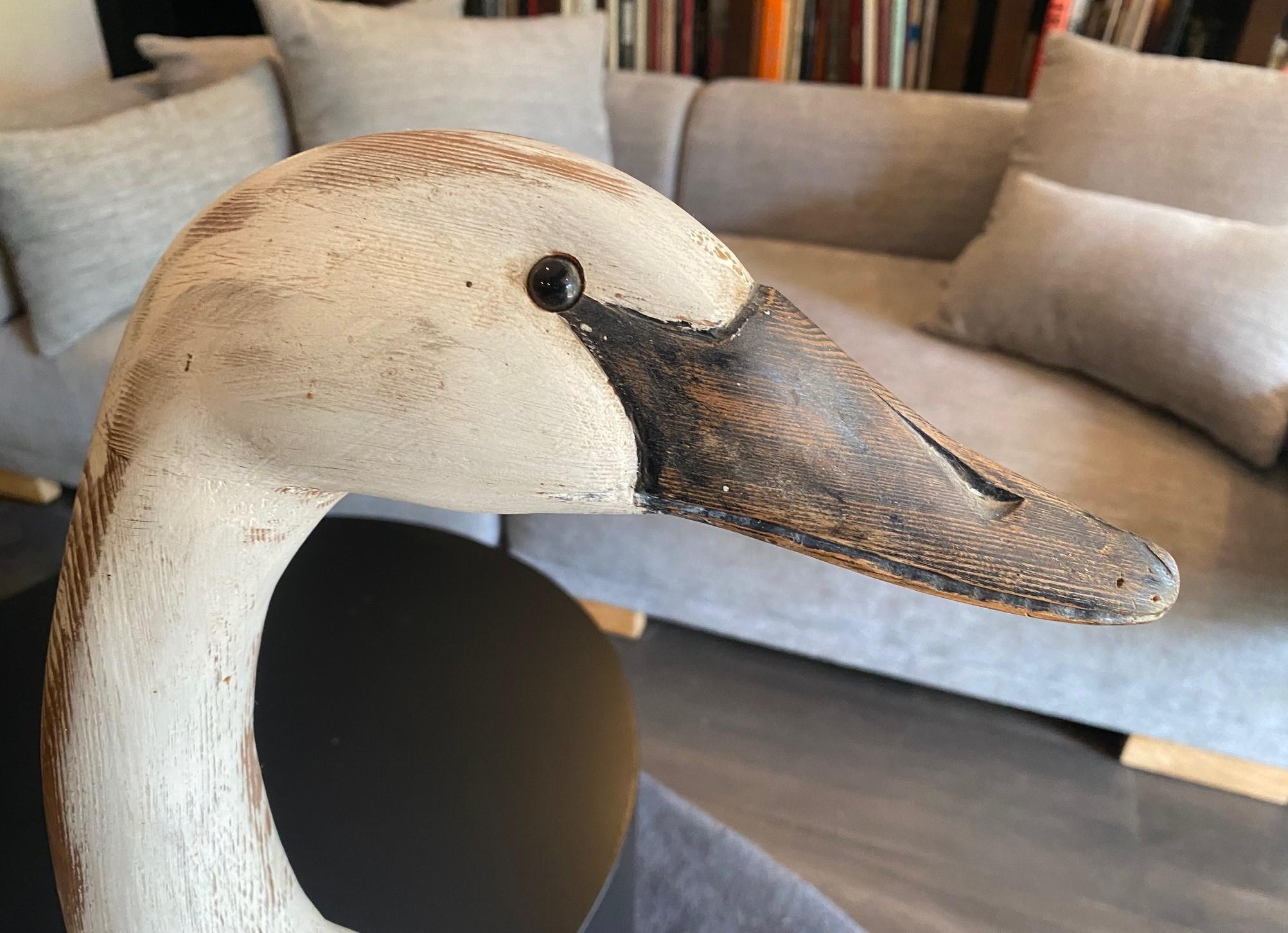 Late 20th Century Hand Carved and Painted Large Vintage Antique Wood Swan Decoy Sculpture