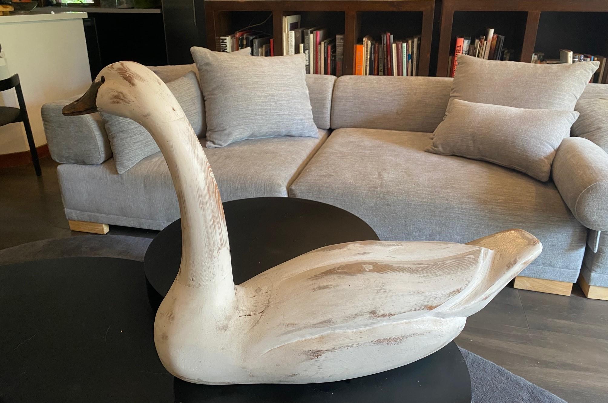 Hand Carved and Painted Large Vintage Antique Wood Swan Decoy Sculpture 1