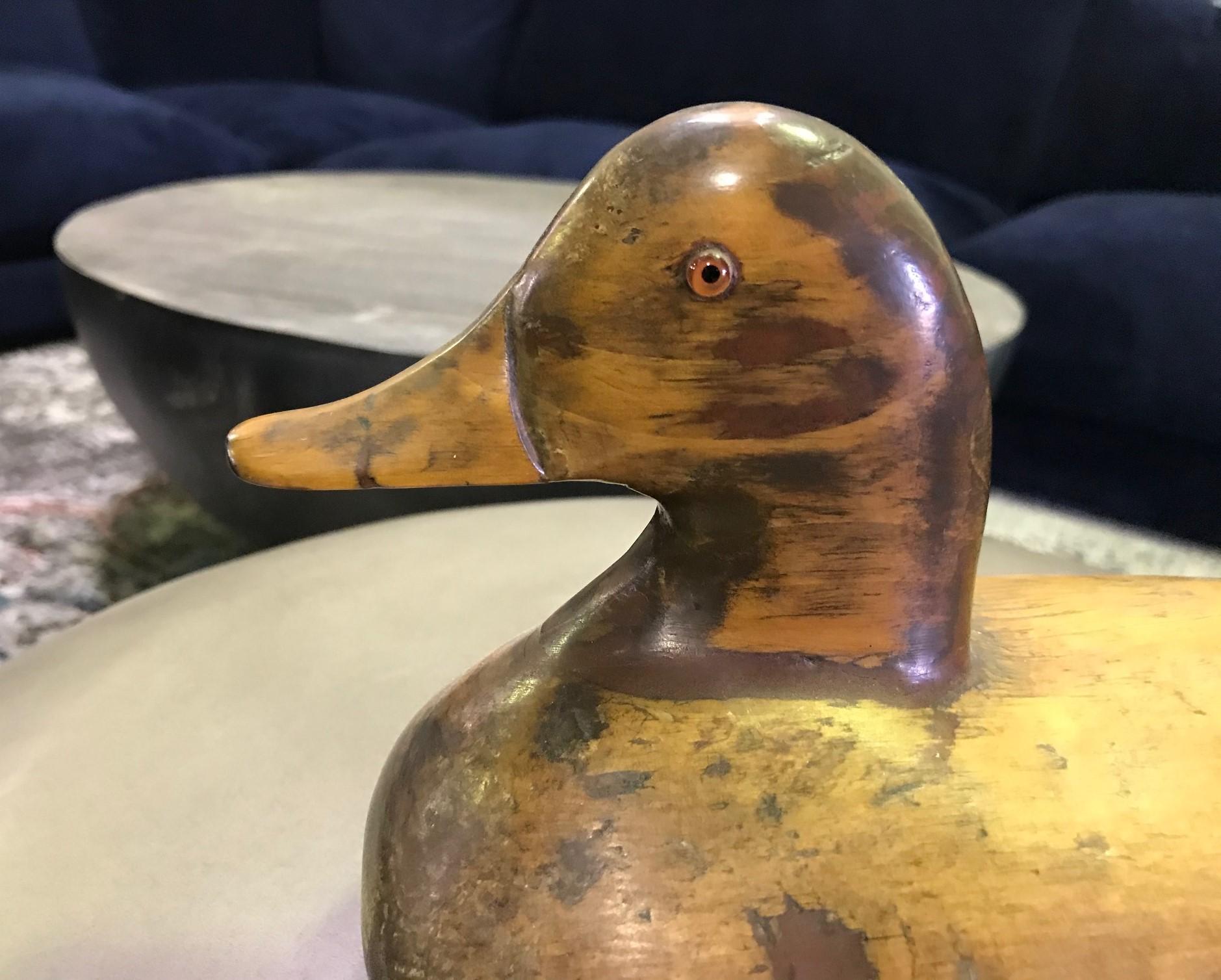 Folk Art Hand Carved and Painted Large Vintage French Wood Duck Decoy, Mid-20th Century