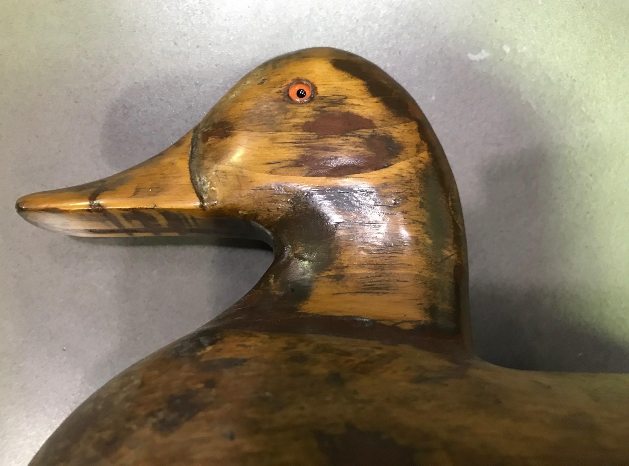 Glass Hand Carved and Painted Large Vintage French Wood Duck Decoy, Mid-20th Century