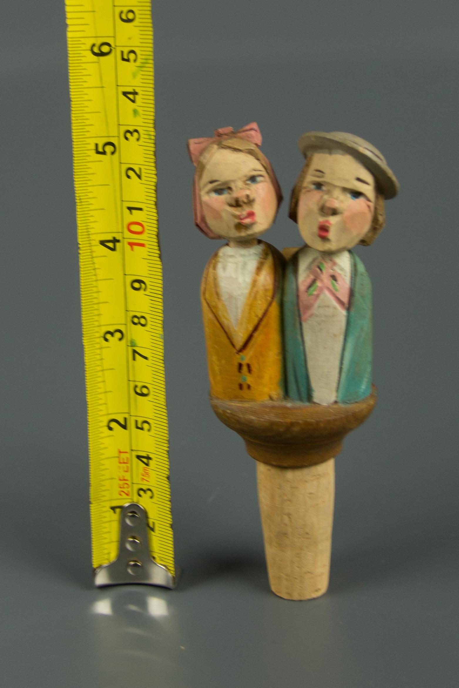 Hand Carved and Painted Mechanical Wooden Bottle Stopper Kissing Couple, 1950s 6