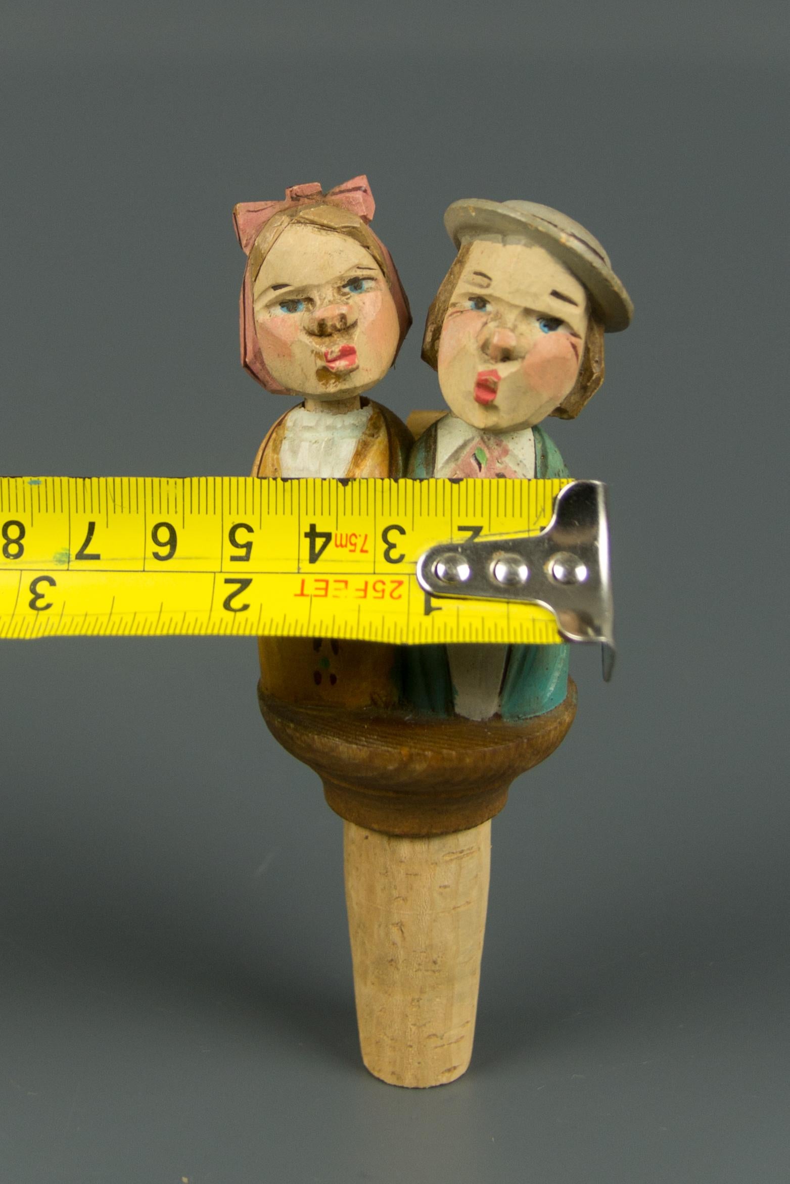 Hand Carved and Painted Mechanical Wooden Bottle Stopper Kissing Couple, 1950s 7