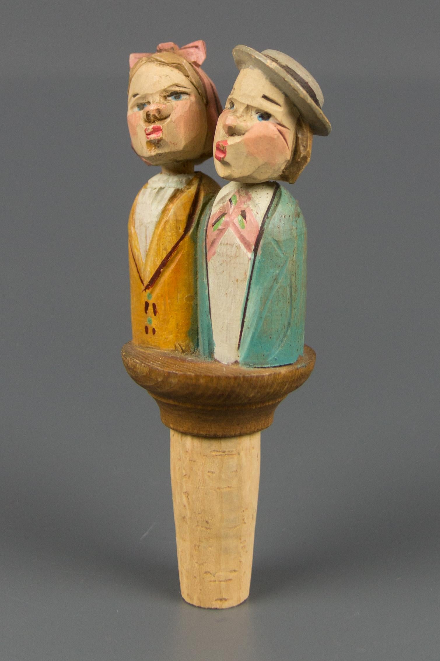 Hand Carved and Painted Mechanical Wooden Bottle Stopper Kissing Couple, 1950s 9