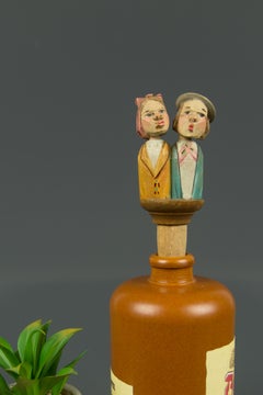 Hand Carved and Painted Mechanical Wooden Bottle Stopper Kissing Couple, 1950s