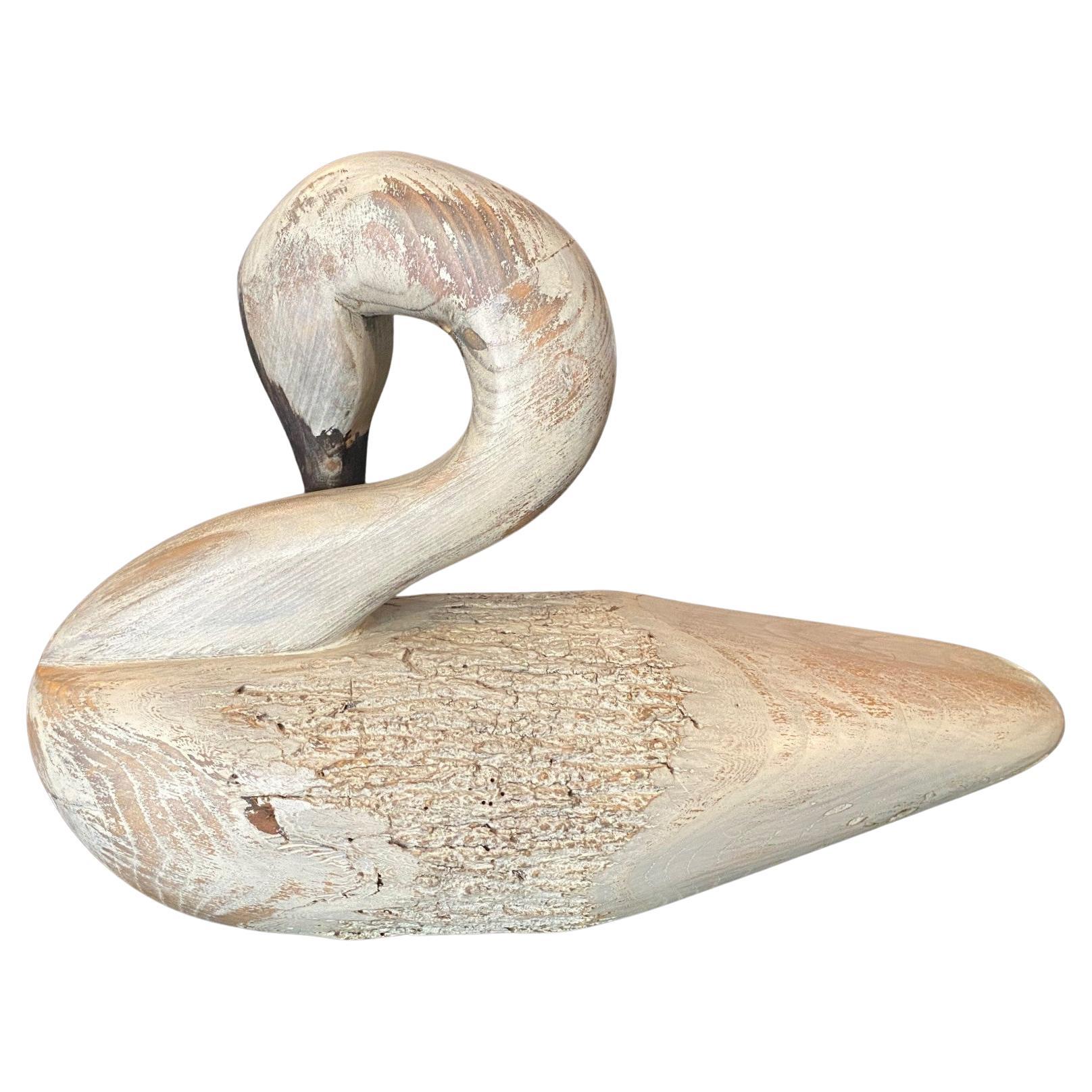 Hand Carved and Painted Signed Vintage Preening Swan Wood Decoy Sculpture