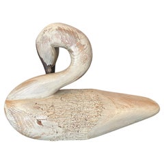 Hand Carved and Painted Signed Vintage Preening Swan Wood Decoy Sculpture