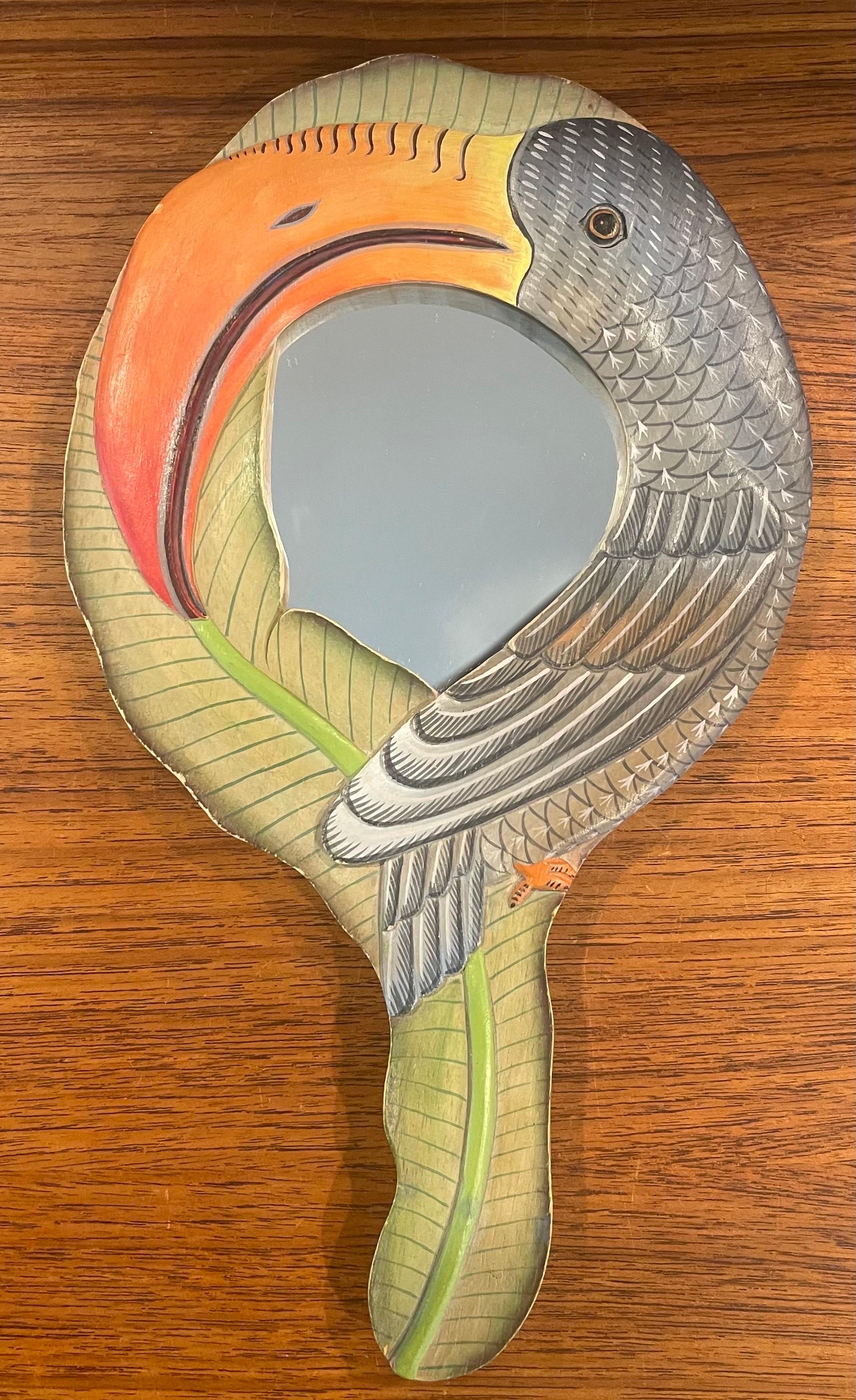 American Hand Carved and Painted Toucan Hand Mirror