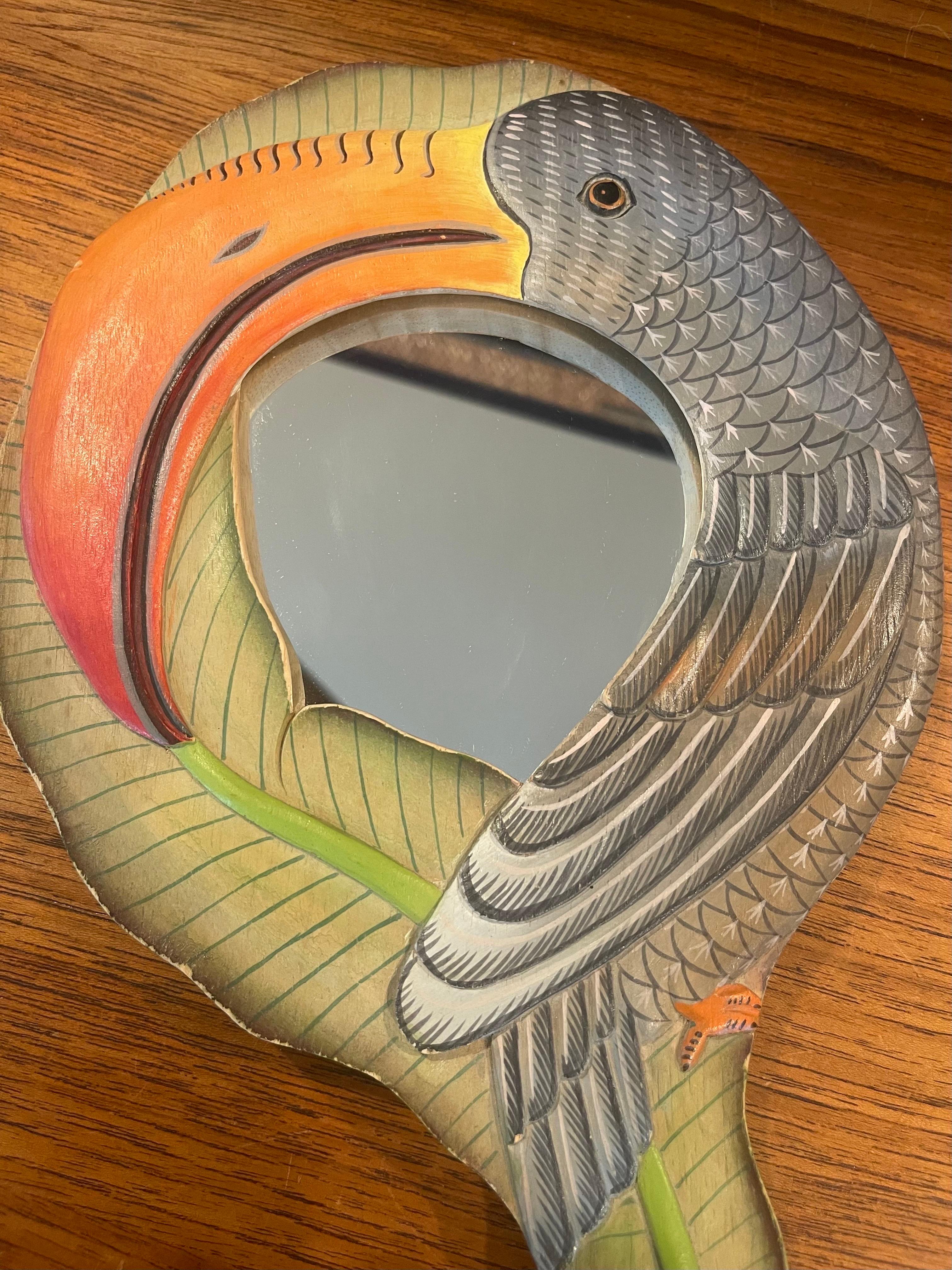 Hand Carved and Painted Toucan Hand Mirror In Good Condition In San Diego, CA