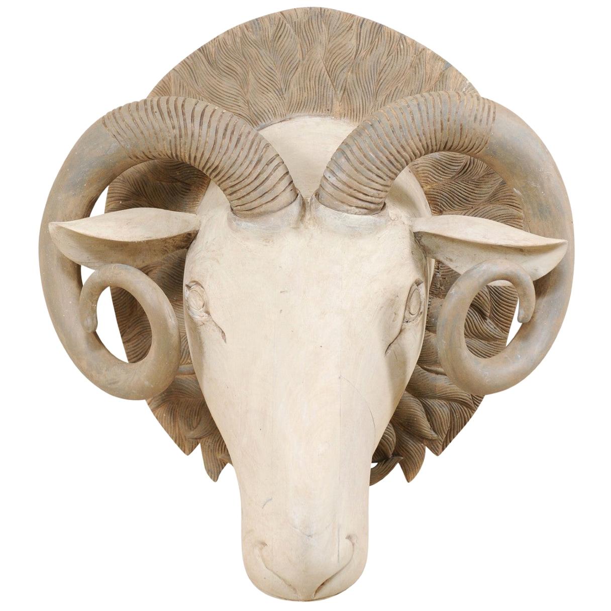 Hand Carved and Painted Wood Ram's Head Wall Ornament