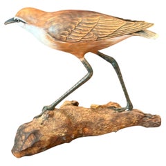 Hand Carved and Painted Wood Sculpture of an Indian Courser Bird, Signed