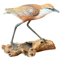 Hand Carved and Painted Wood Sculpture of an Indian Courser Bird, Signed