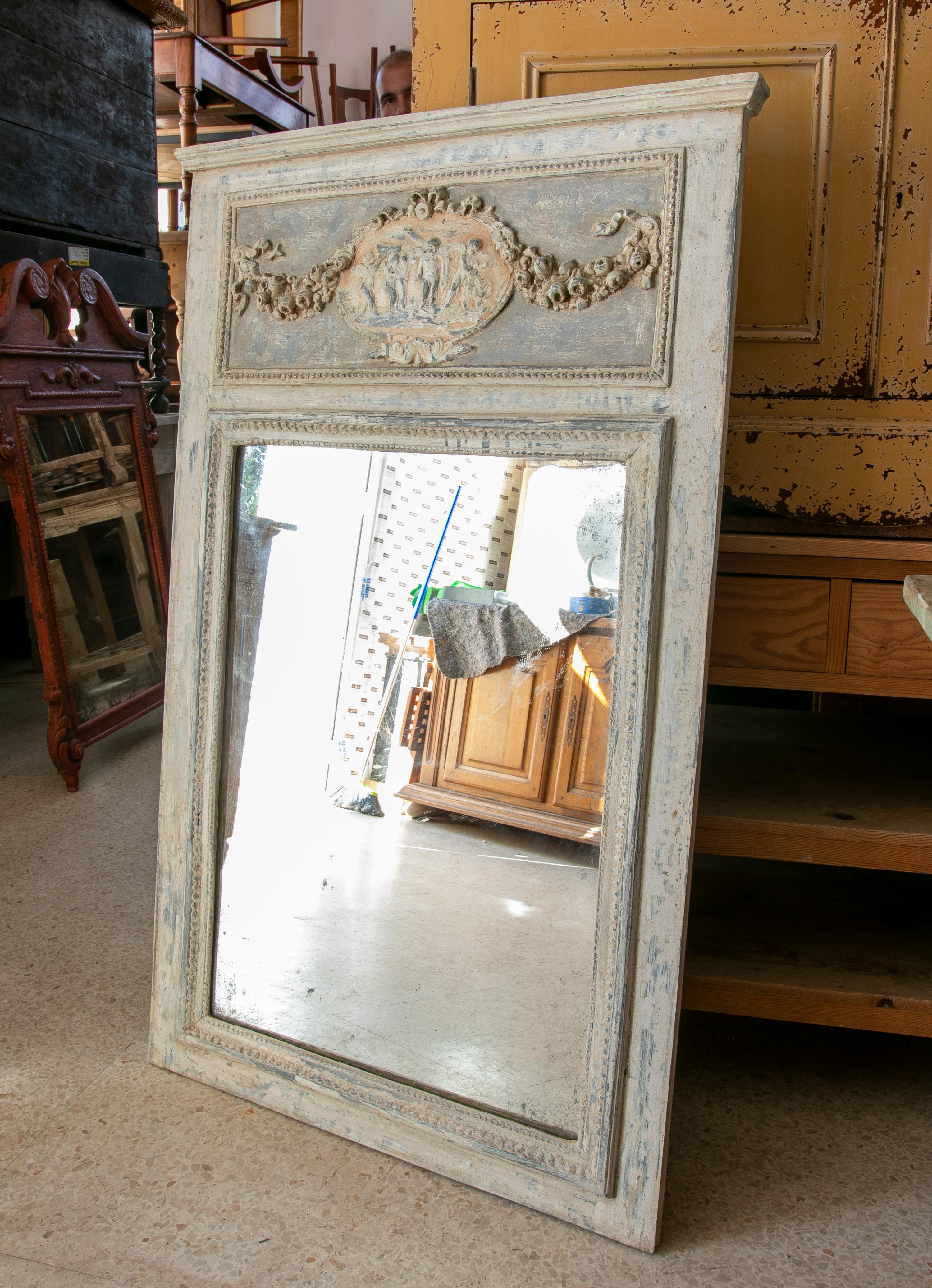 Spanish Hand-Carved and Polychromed Wooden Trumeau Wall Mirror For Sale