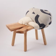 Hand Carved and Woven Stool, Partly Quilted Textile Pouf, Modern Burl Stool