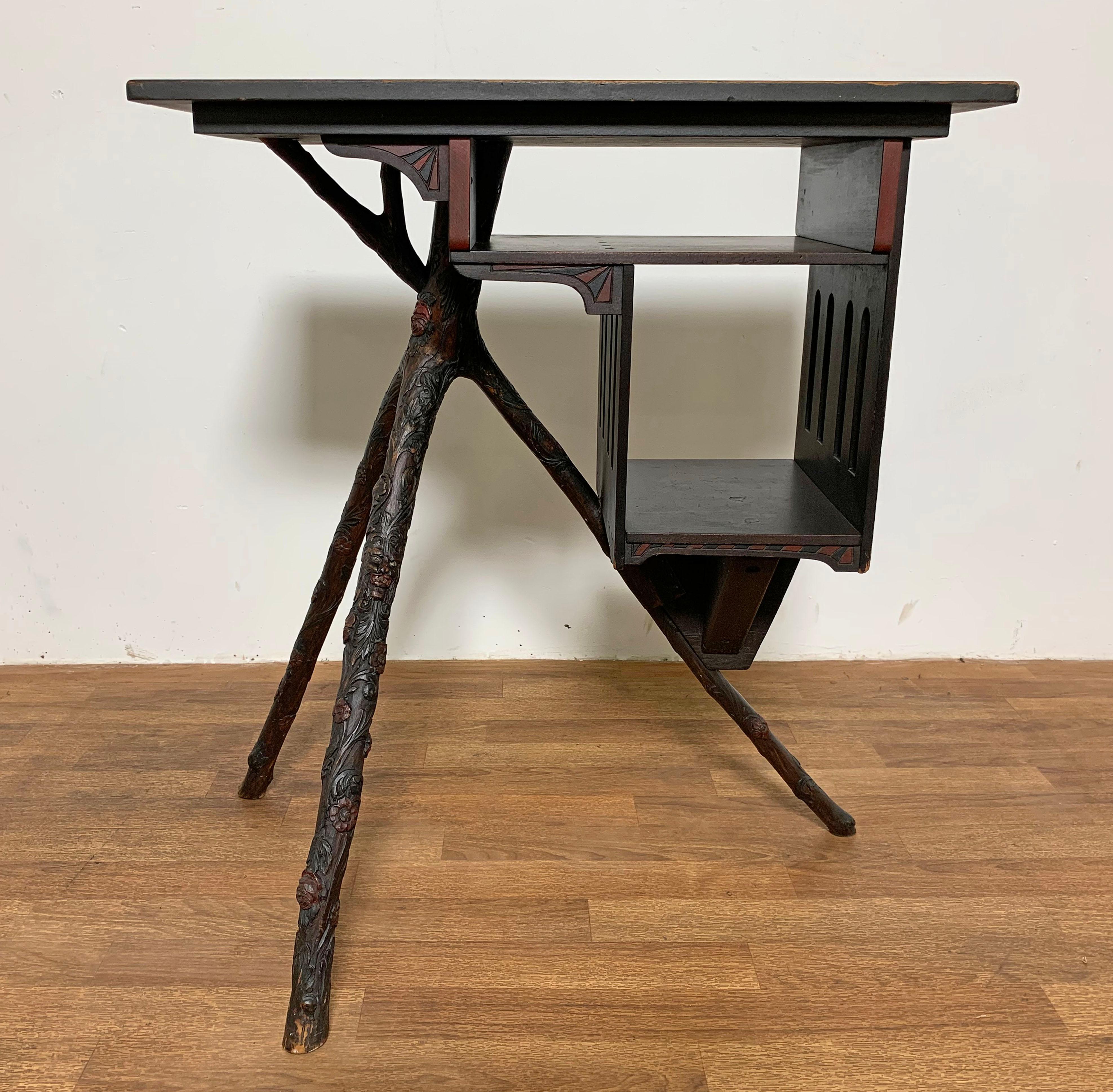 An exceptional piece of rustic Adirondack furniture from a Lake Sunapee, NH camp circa 1870-1890. This stand features handcrafted birch casing decorated with late Victorian geometric motifs. The tripod legs are crafted almost entirely from a single