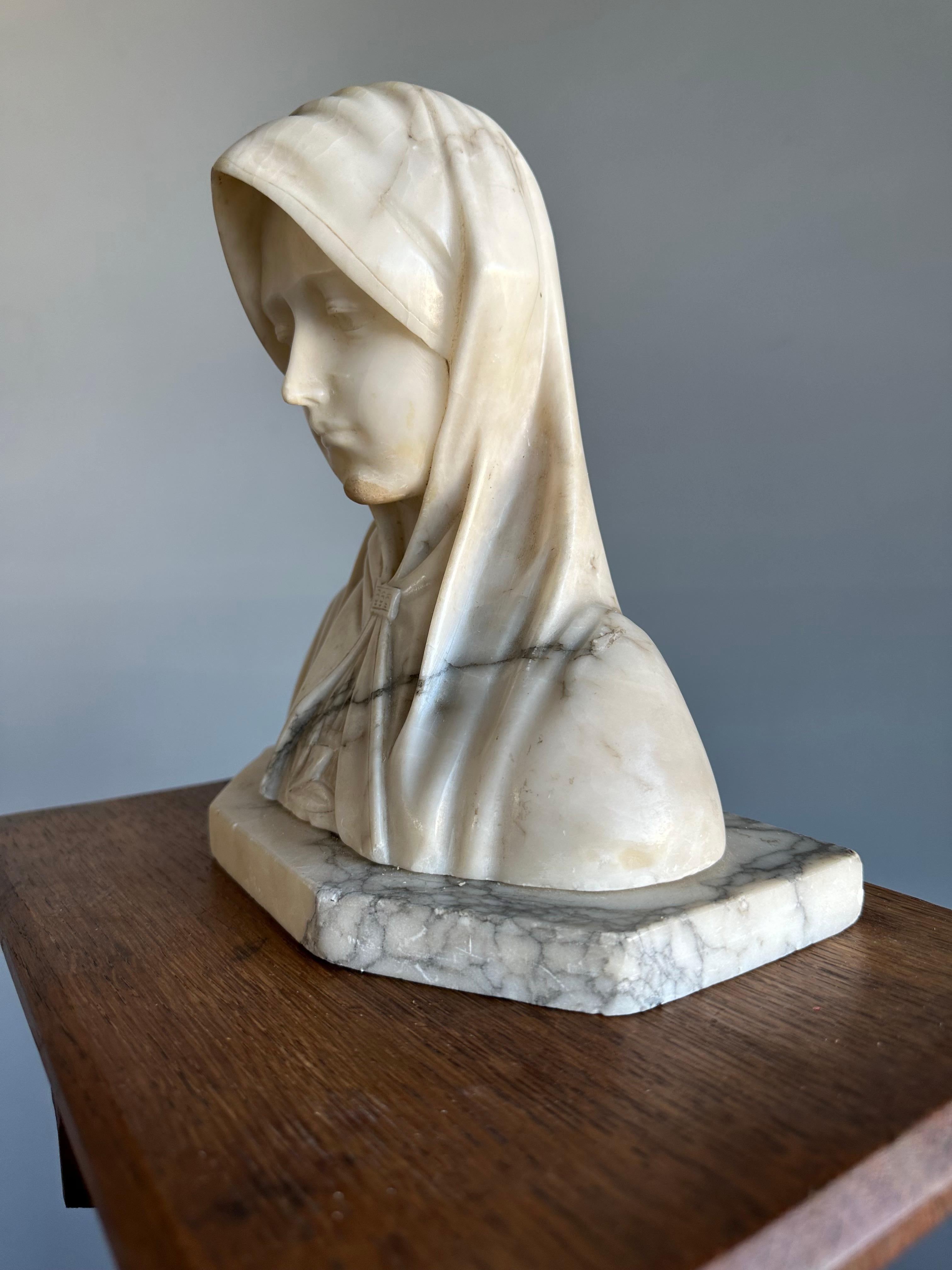 Arts and Crafts Hand Carved Antique Alabaster Bust Sculpture of Saint Clare of Assisi ca. 1915 For Sale