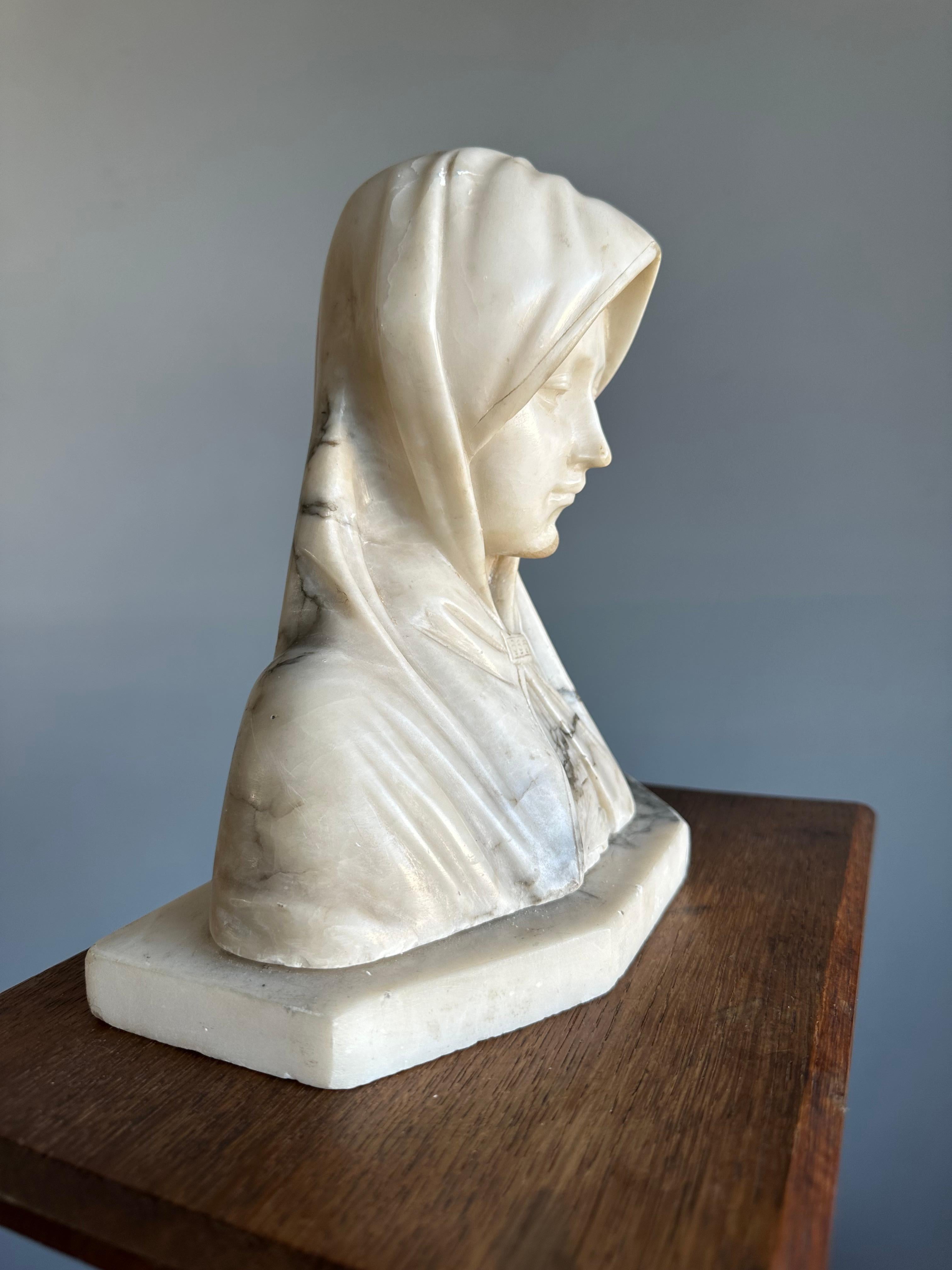 Italian Hand Carved Antique Alabaster Bust Sculpture of Saint Clare of Assisi ca. 1915 For Sale